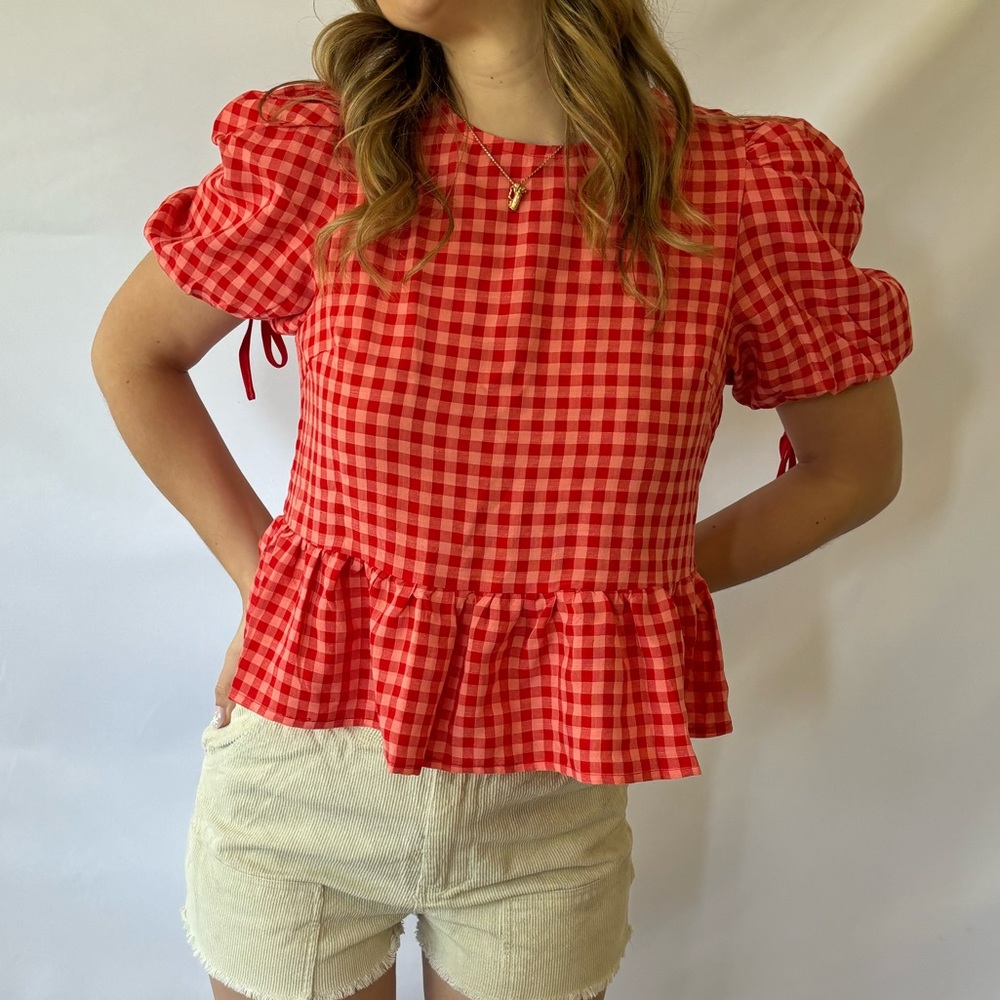 Red Gingham Peplum Top - Picture 2 of 3